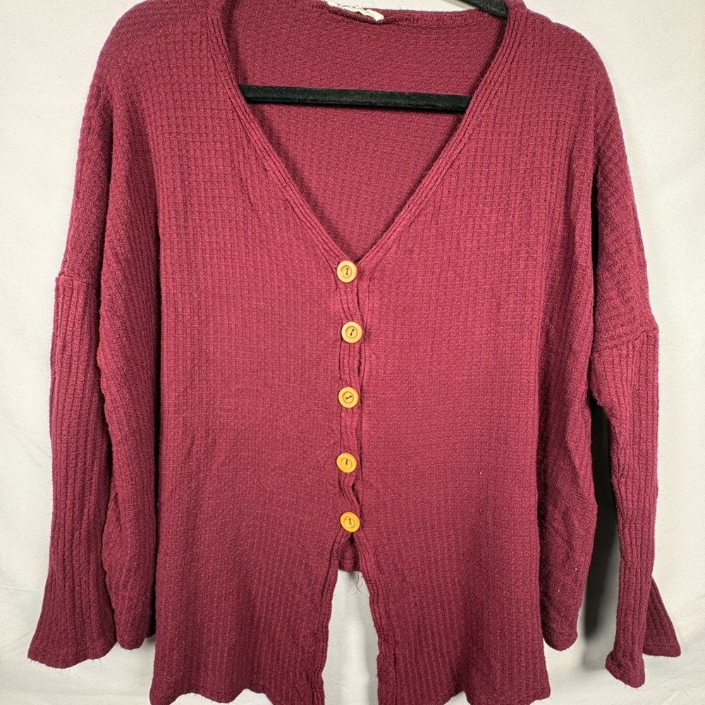 Entro Maroon Pullover Waffle Knit Long Sleeve Top